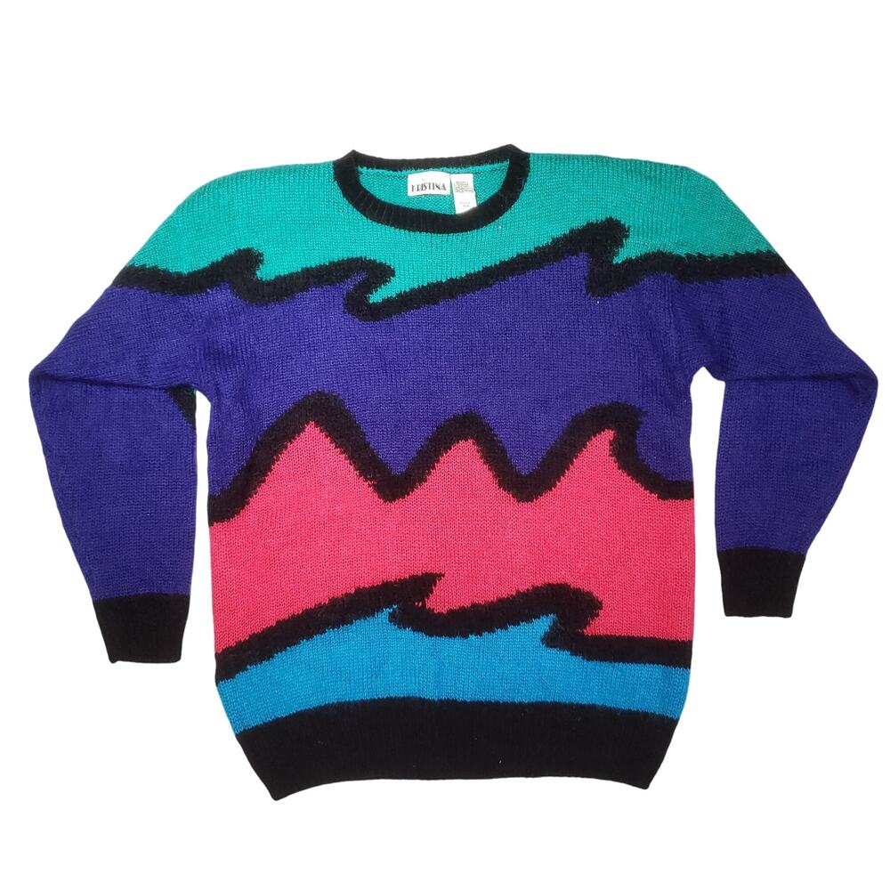 Vtg 80s Kristina Knit Pullover Mohair Blend Colorblock